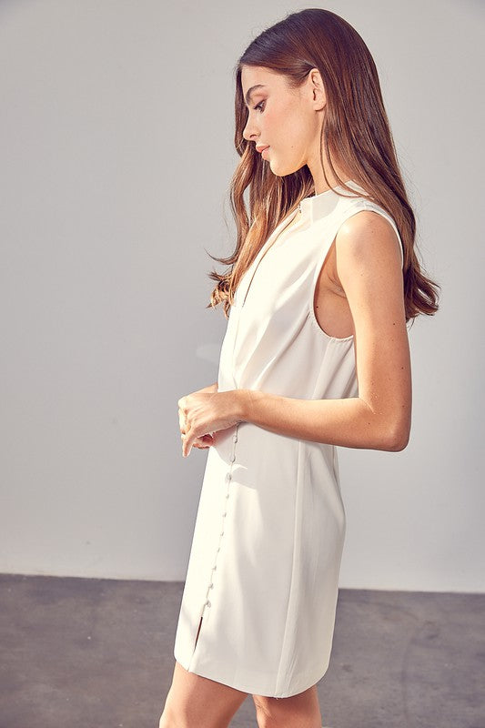 Collared Side Button Sleeveless White Short Dress