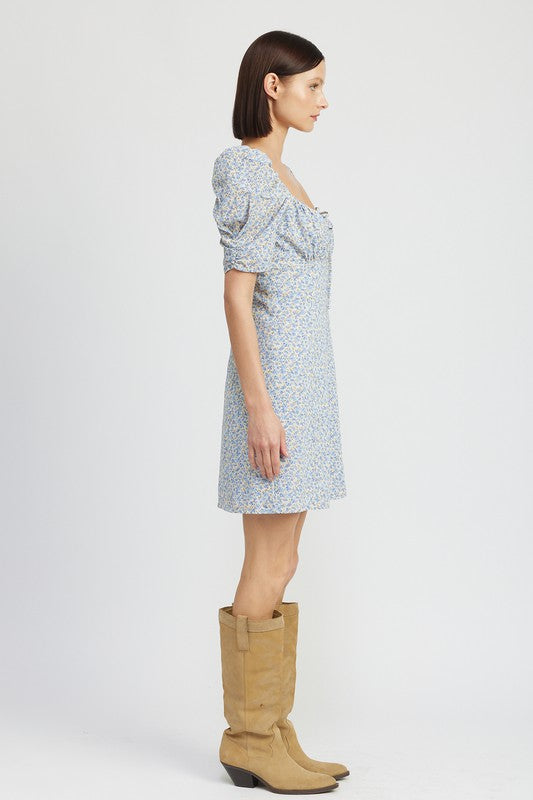 FLORAL MINI DRESS WITH PUFF SHORT SLEEVES