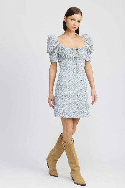 FLORAL MINI DRESS WITH PUFF SHORT SLEEVES