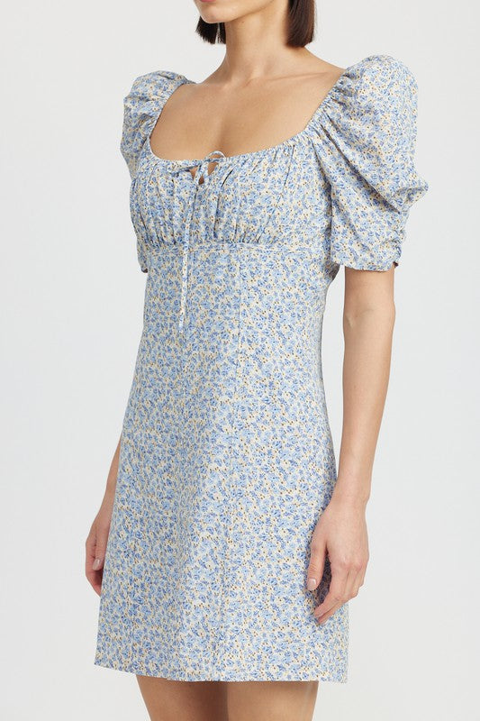 FLORAL MINI DRESS WITH PUFF SHORT SLEEVES