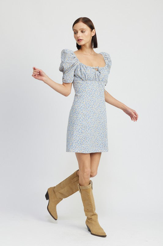 FLORAL MINI DRESS WITH PUFF SHORT SLEEVES