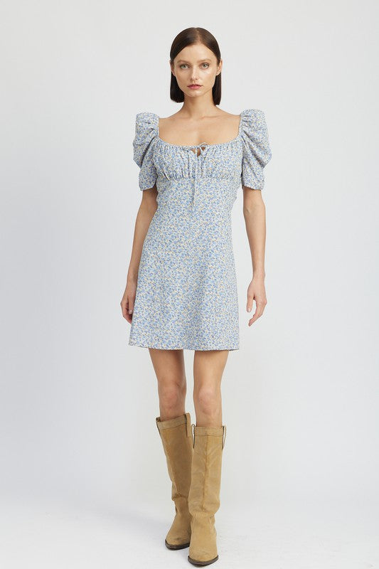 FLORAL MINI DRESS WITH PUFF SHORT SLEEVES