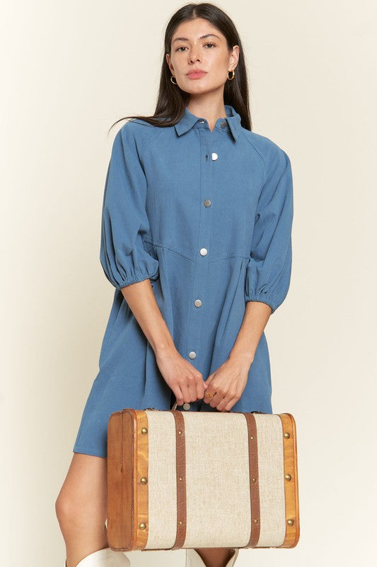 Washed denim style cotton short dress