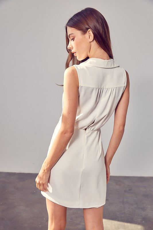 Collared Side Button Sleeveless White Short Dress