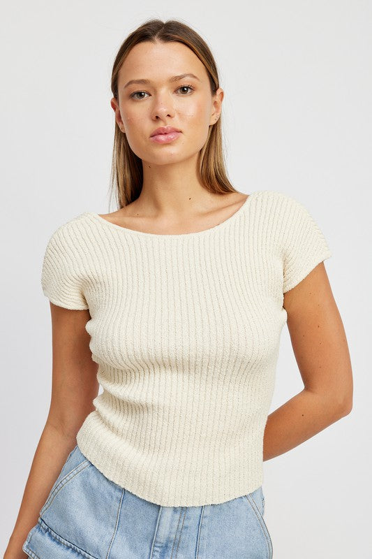 CAP SLEEVE KNIT TOP WITH OPEN BACK