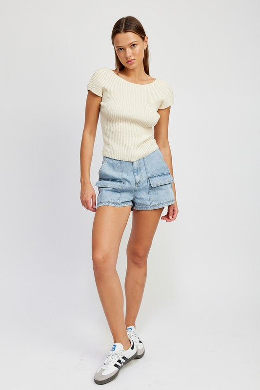 CAP SLEEVE KNIT TOP WITH OPEN BACK